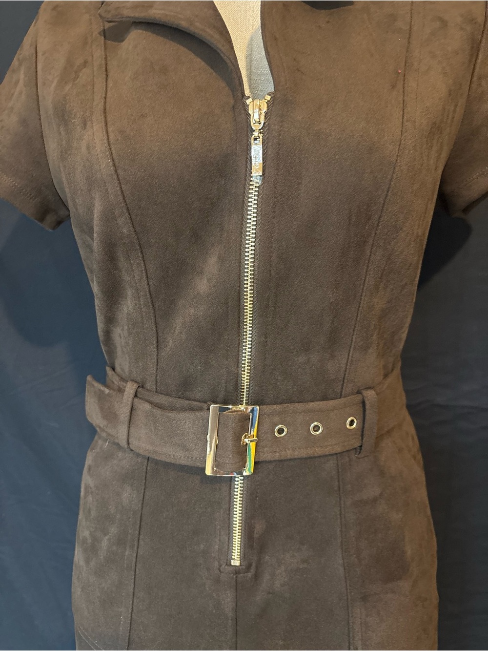 Guess Brown Suede Short-Sleeve Belted Jumpsuit - Picture 5 of 7